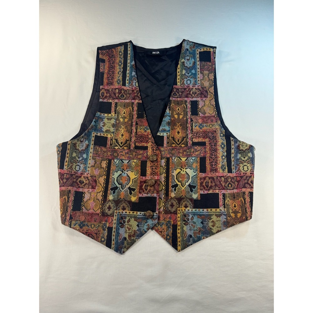 Pasta Vintage Tapestry Vest Multi-Color Geometric Ornate Pattern V-Neck Cinch